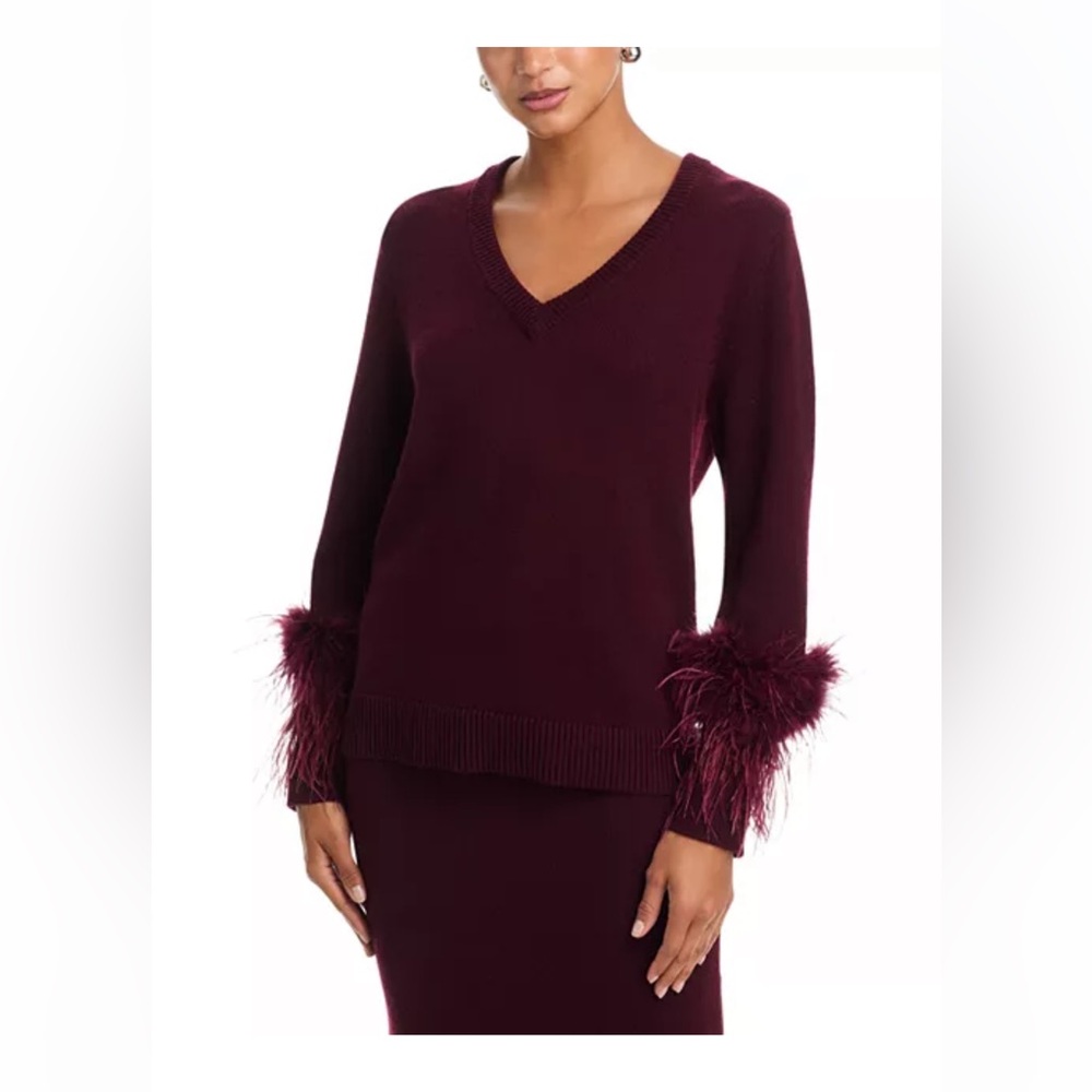 WAYF Bethany V-Neck Feather Cuff Sweater - Burgundy - NWT